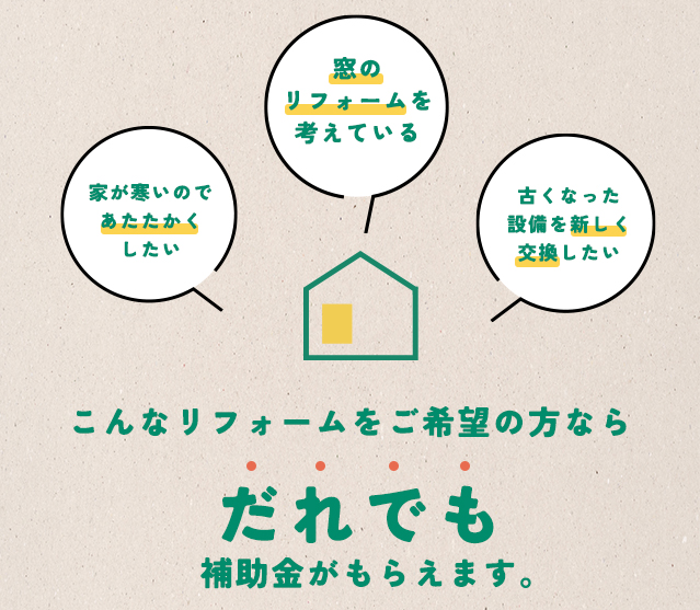家が寒いのであたたかくしたい、窓のリフォームを考えている、古くなった設備を新しく交換したい こんなリフォームをご希望の方ならだれでも補助金がもらえます